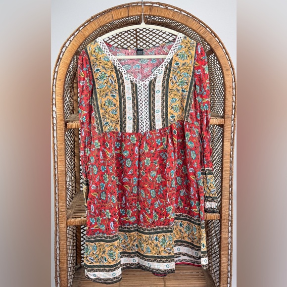 Emery Rose Boho Floral Long Sleeve Mini Dress Size Small Peasant Cottagecore - Picture 2 of 4